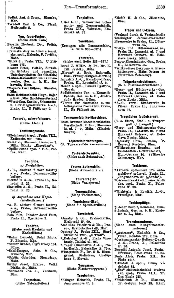 Compass. Industrielles Jahrbuch 1939:  Böhmen und Mähren, Slowakei, Karpatho-Russland. - Seite 1327