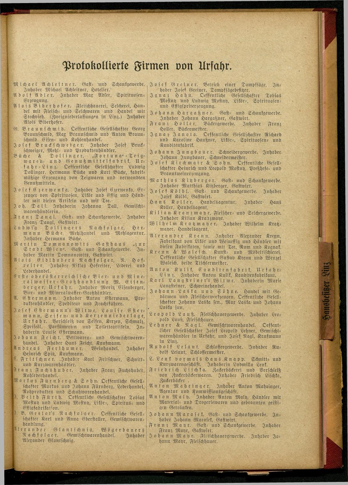 Allgemeines Wohnungs-, Handels- und Gewerbe-Adreßbuch der Städte Linz und Urfahr. Linz 1914. - Page 289
