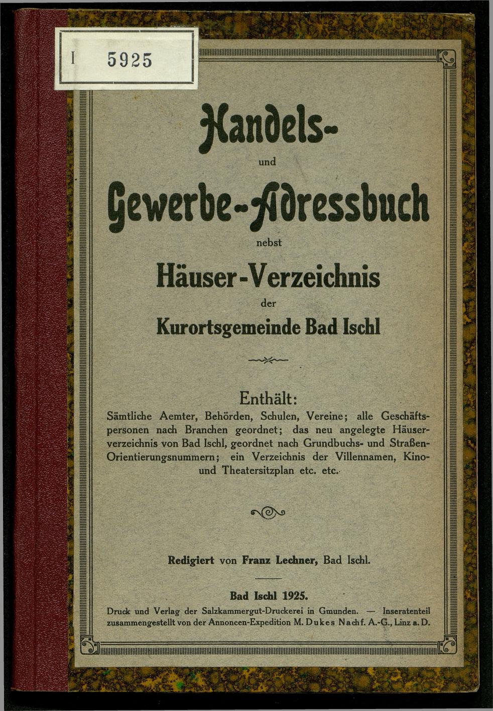 Handels- und Gewerbe-Adressbuch nebst Häuser-Verzeichnis der Kurortsgemeinde Bad Ischl 1925 - Seite 1