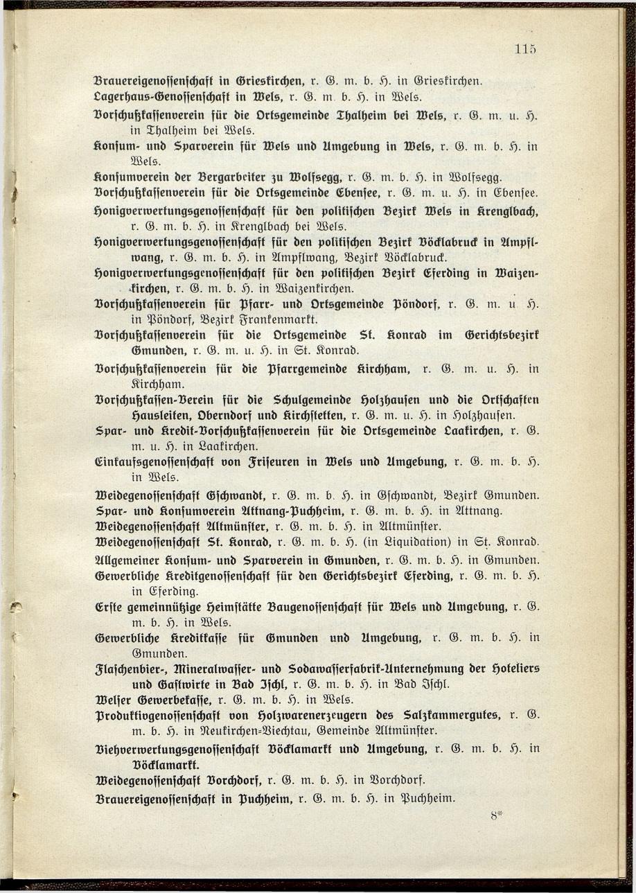 Verzeichnis der handelsgerichtlich protokollierten Firmen sowie der registrierten Erwerbs- und Wirtschafts-Genossenschaften in Oberösterreich 1914 - Seite 117