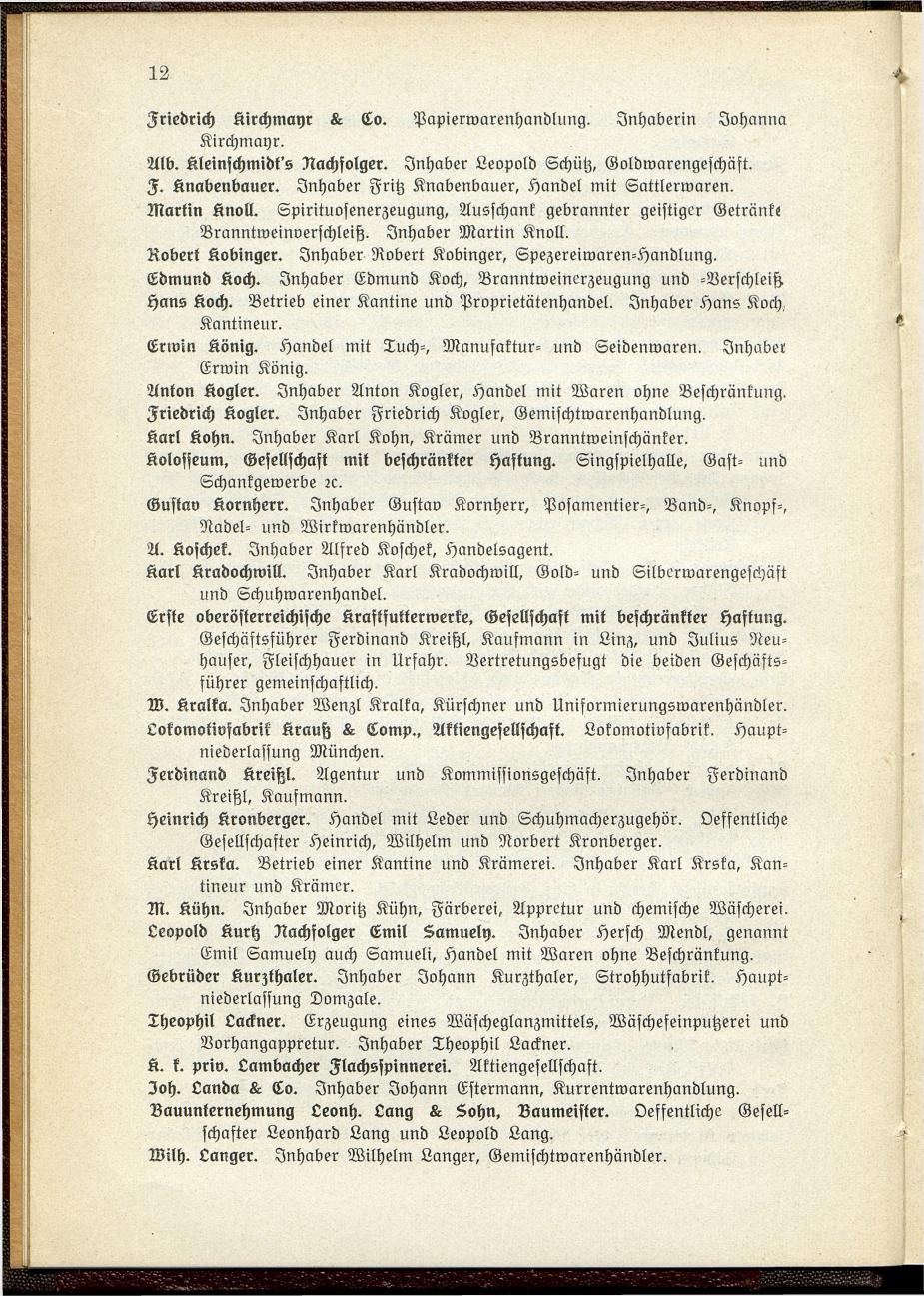 Verzeichnis der handelsgerichtlich protokollierten Firmen sowie der registrierten Erwerbs- und Wirtschafts-Genossenschaften in Oberösterreich 1914 - Page 14