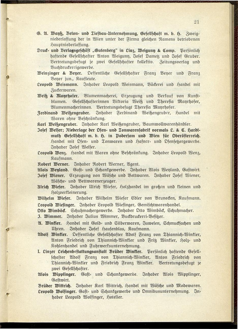 Verzeichnis der handelsgerichtlich protokollierten Firmen sowie der registrierten Erwerbs- und Wirtschafts-Genossenschaften in Oberösterreich 1914 - Seite 23