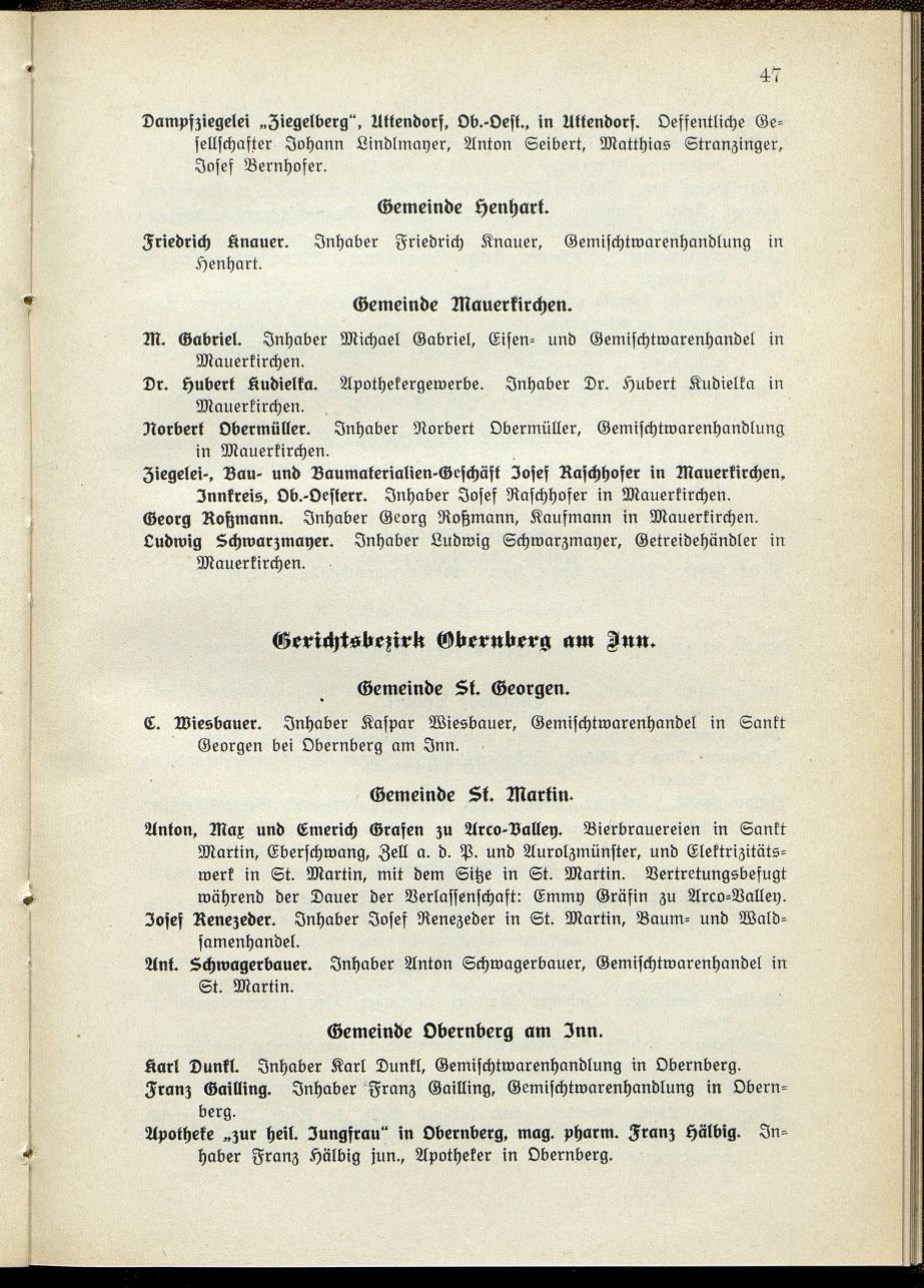 Verzeichnis der handelsgerichtlich protokollierten Firmen sowie der registrierten Erwerbs- und Wirtschafts-Genossenschaften in Oberösterreich 1914 - Seite 49