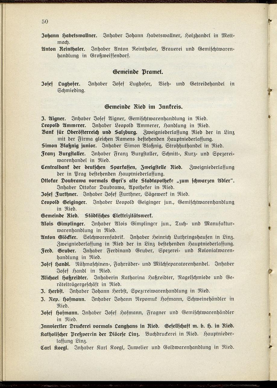 Verzeichnis der handelsgerichtlich protokollierten Firmen sowie der registrierten Erwerbs- und Wirtschafts-Genossenschaften in Oberösterreich 1914 - Page 52