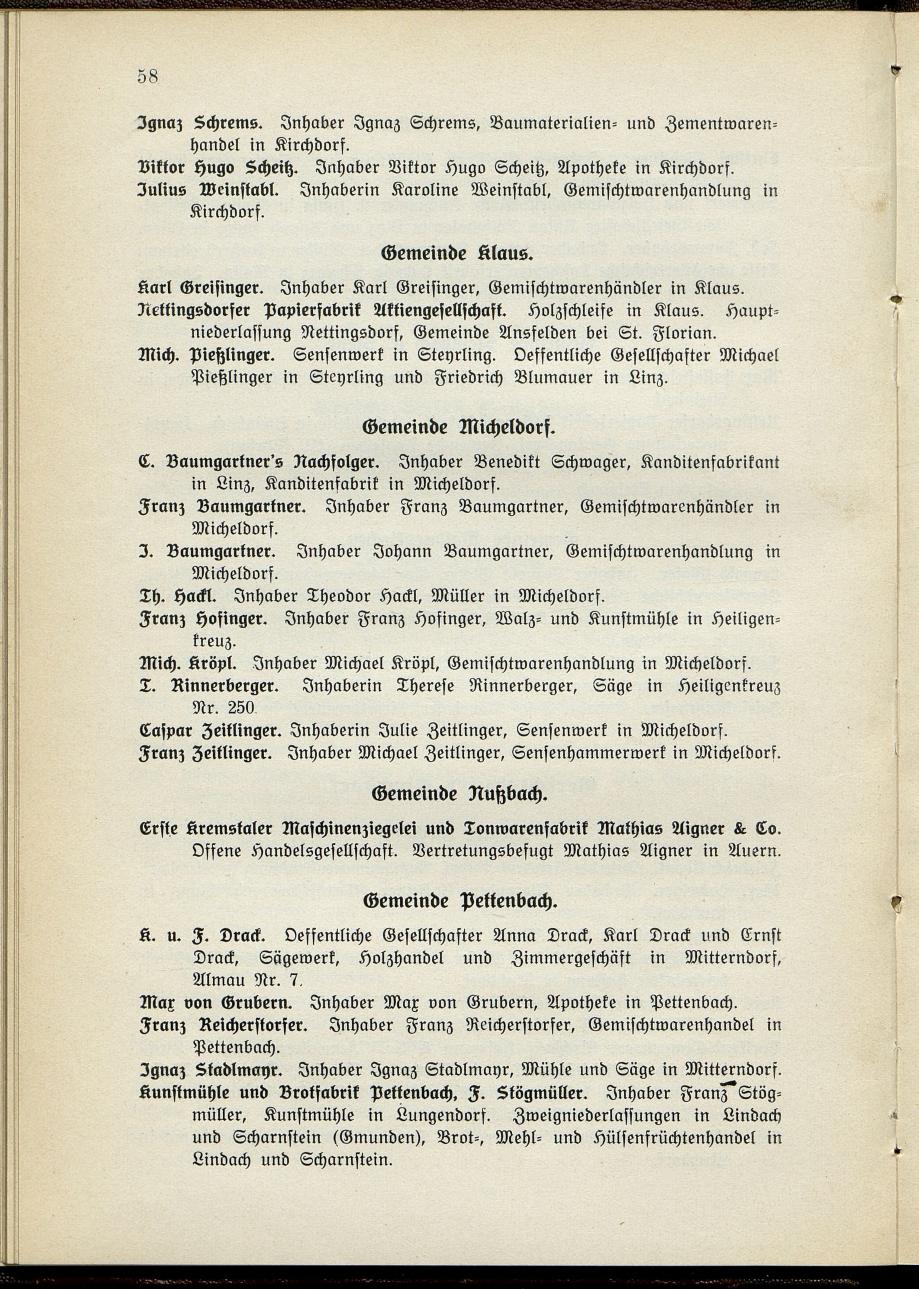 Verzeichnis der handelsgerichtlich protokollierten Firmen sowie der registrierten Erwerbs- und Wirtschafts-Genossenschaften in Oberösterreich 1914 - Page 60