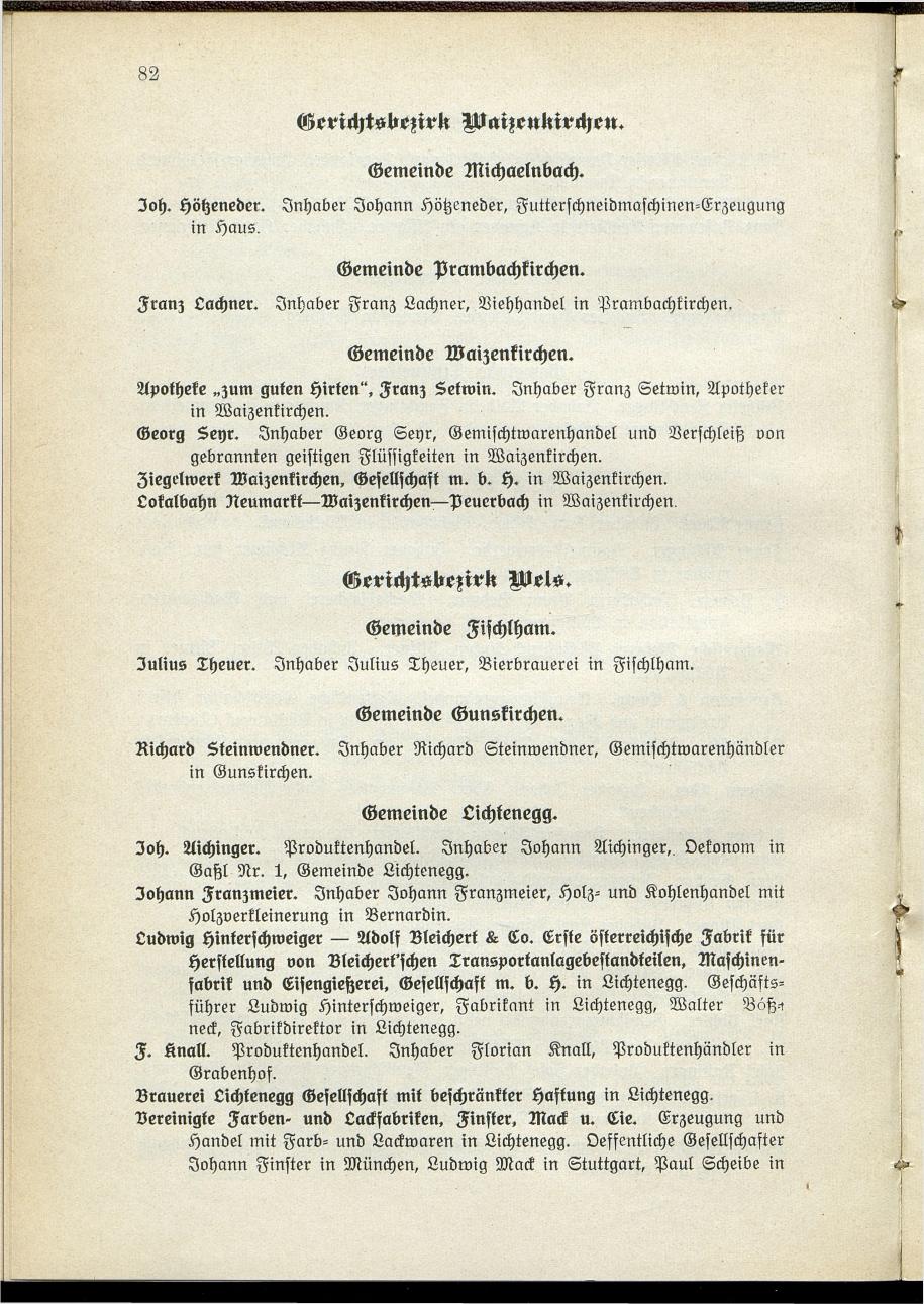 Verzeichnis der handelsgerichtlich protokollierten Firmen sowie der registrierten Erwerbs- und Wirtschafts-Genossenschaften in Oberösterreich 1914 - Seite 84