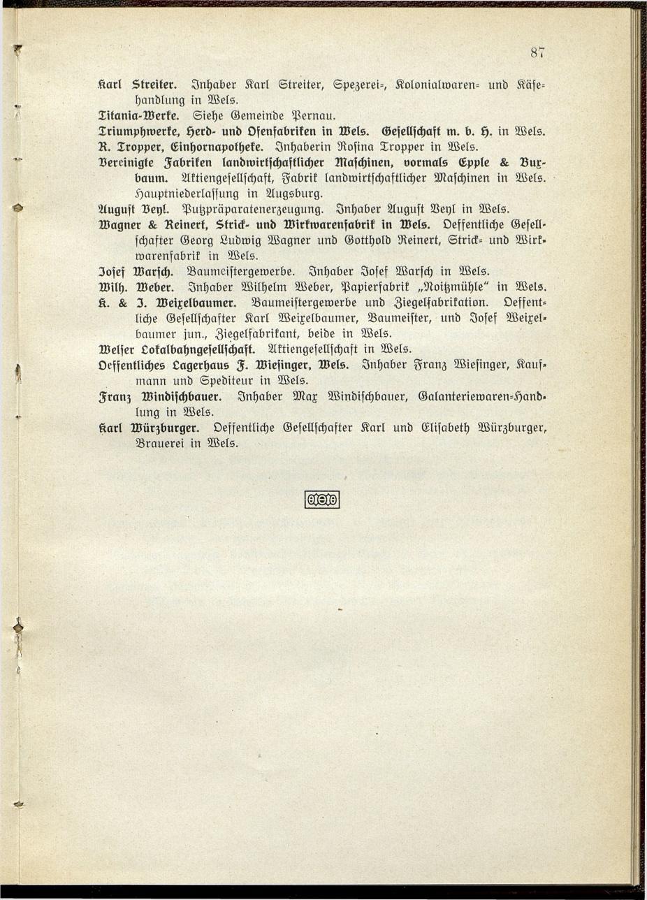 Verzeichnis der handelsgerichtlich protokollierten Firmen sowie der registrierten Erwerbs- und Wirtschafts-Genossenschaften in Oberösterreich 1914 - Seite 89