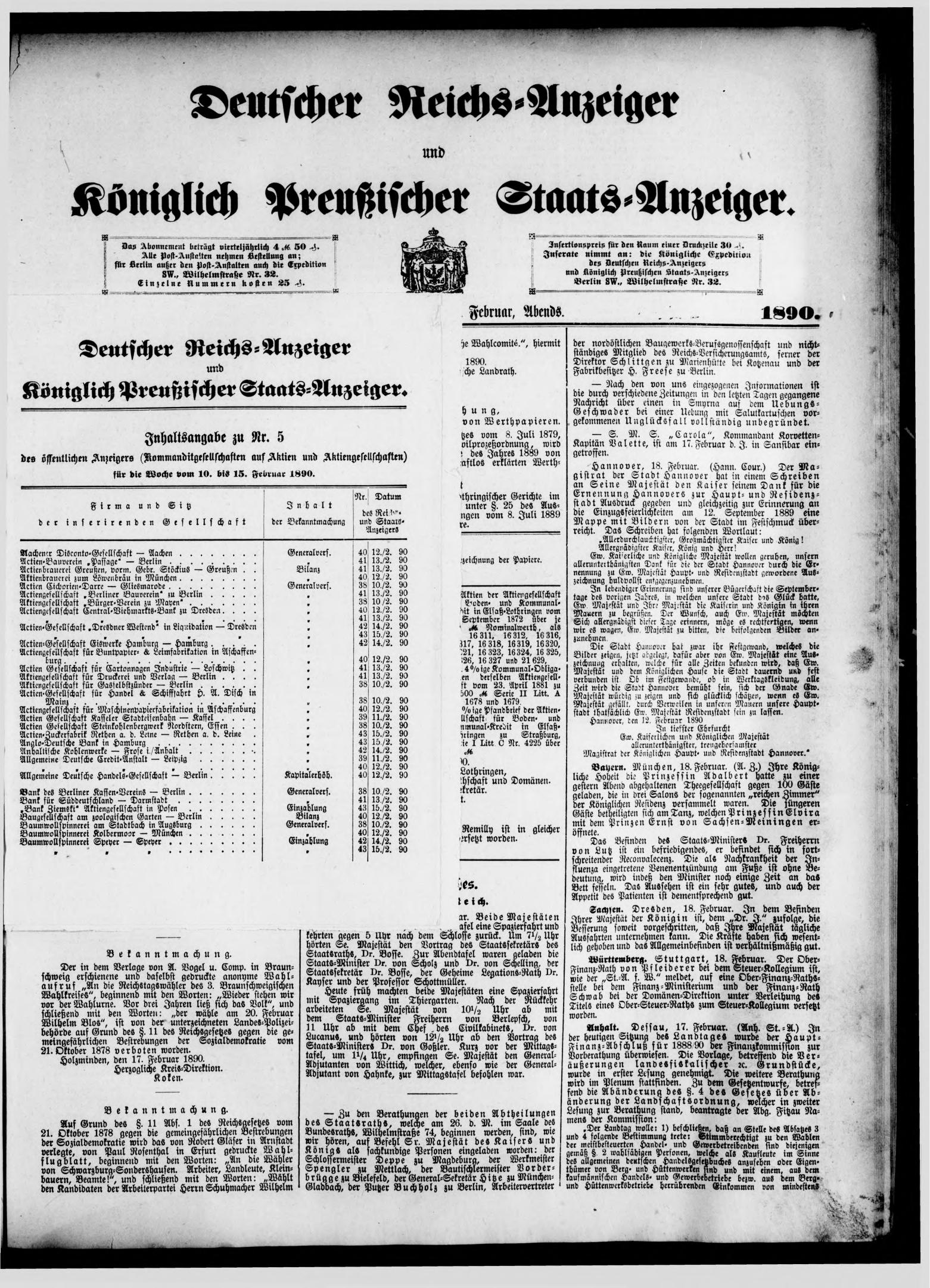 Deutscher Reichs-Anzeiger und Königlich Preußischer Staats-Anzeiger Nr. 45 vom 18.02.1890 - Seite 1