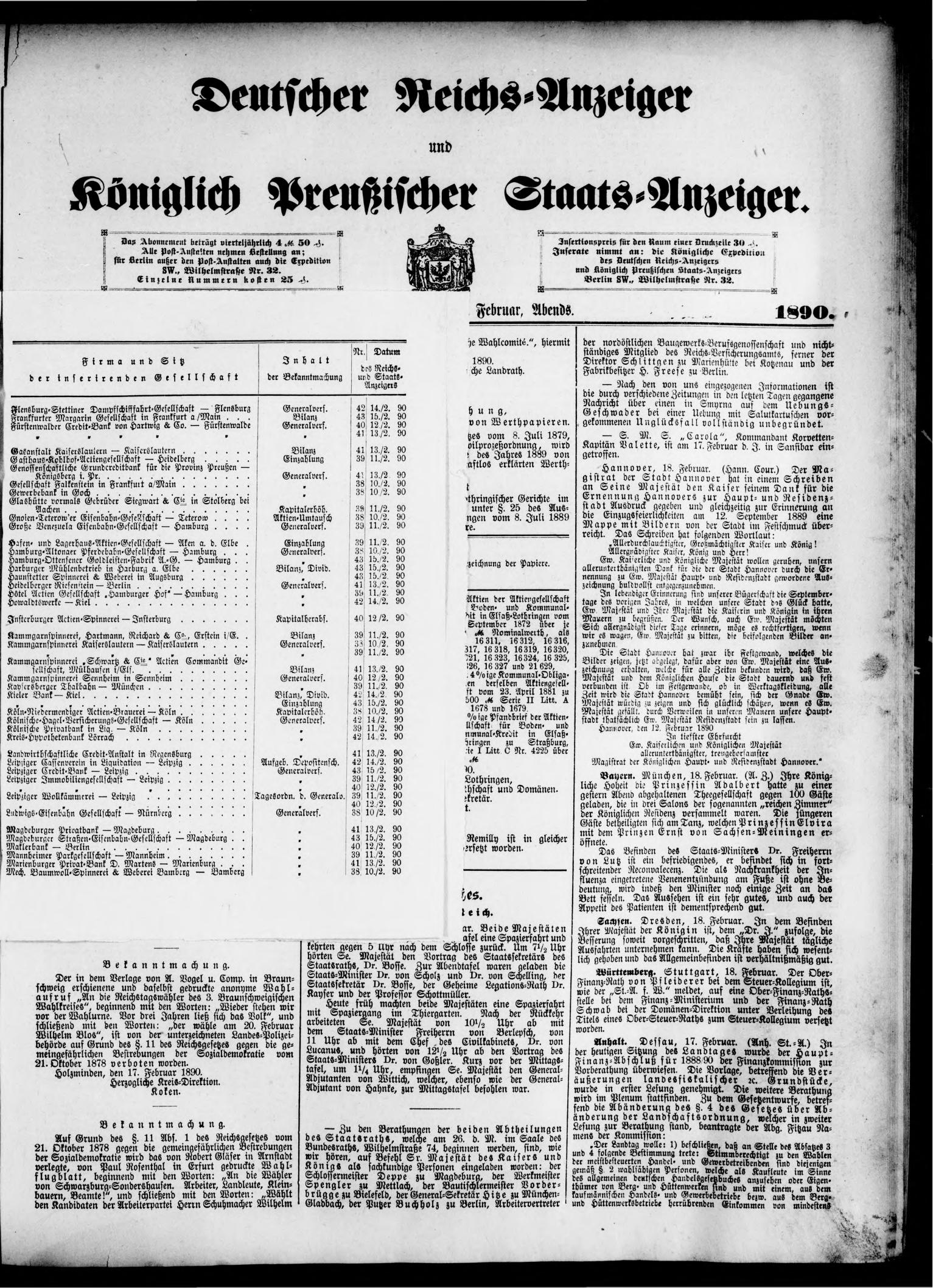 Deutscher Reichs-Anzeiger und Königlich Preußischer Staats-Anzeiger Nr. 45 vom 18.02.1890 - Seite 3