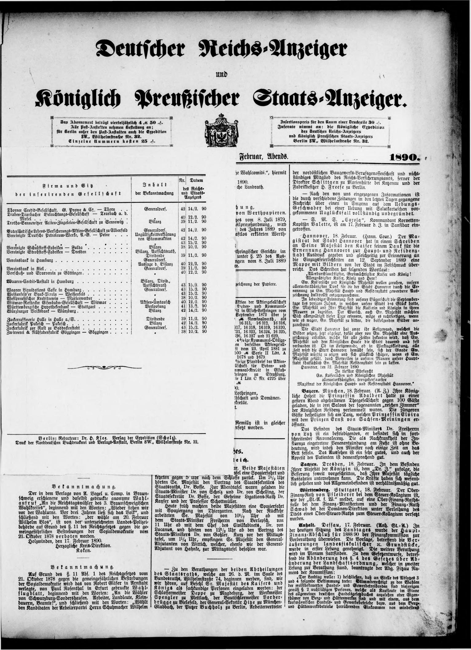 Deutscher Reichs-Anzeiger und Königlich Preußischer Staats-Anzeiger Nr. 45 vom 18.02.1890 - Seite 5