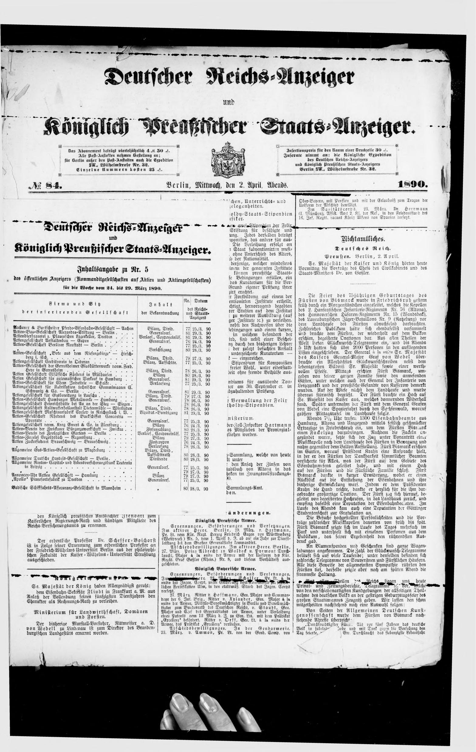 Deutscher Reichs-Anzeiger und Königlich Preußischer Staats-Anzeiger Nr. 85 vom 03.04.1890 - Seite 1